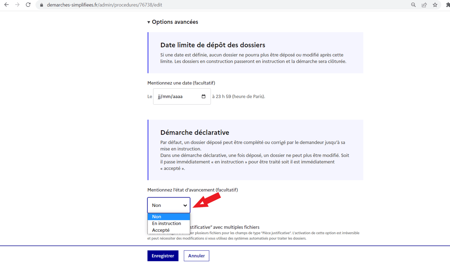Capture d’écran de la page de configuration de la demarche déclarative