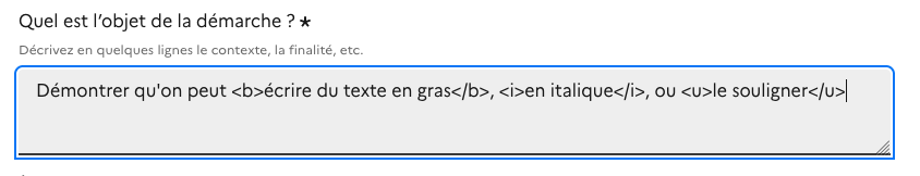 Saisie de texte utilisant les balises b, i et u