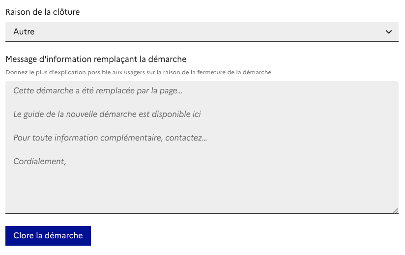 Capture d’écran pour saisir le motif de cloture de démarche